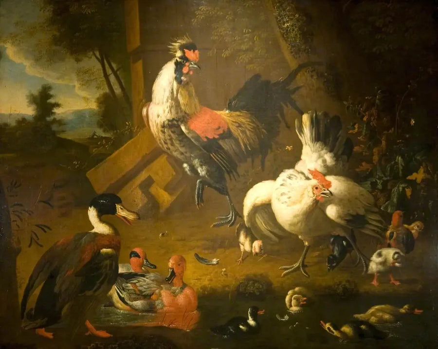 Een haan met een hen en drie eenden - Melchior de Hondecoeter