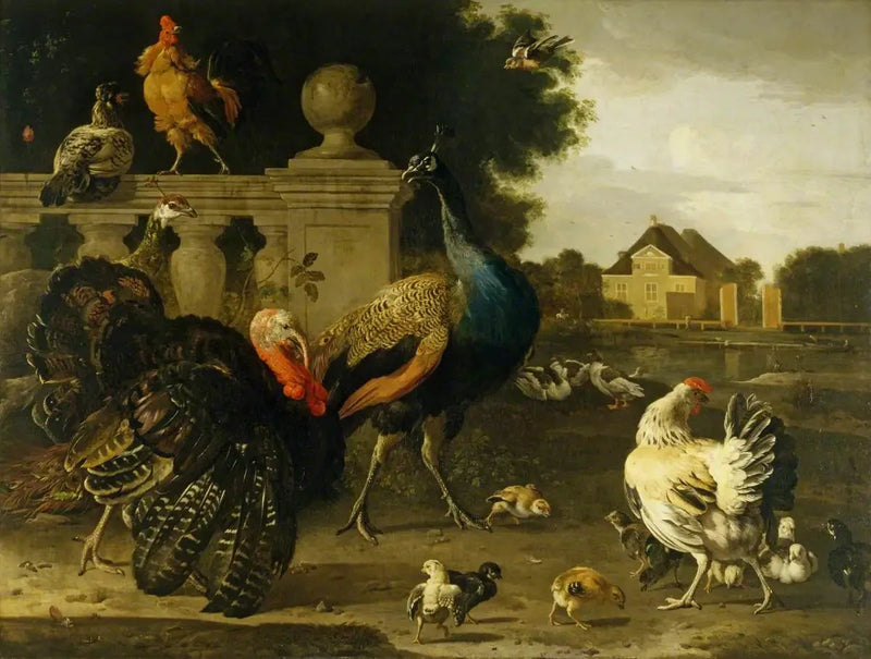 Een kalkoenhaan en andere vogels in een tuin - Melchior de Hondecoeter