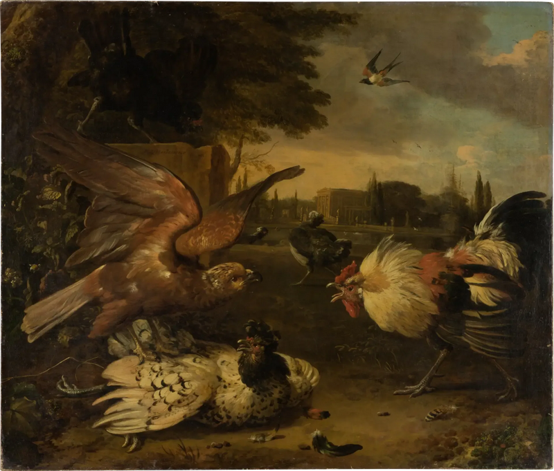 Een haan verdedigt een hen tegen een roofvogel die haar aanvliegt - Melchior de Hondecoeter
