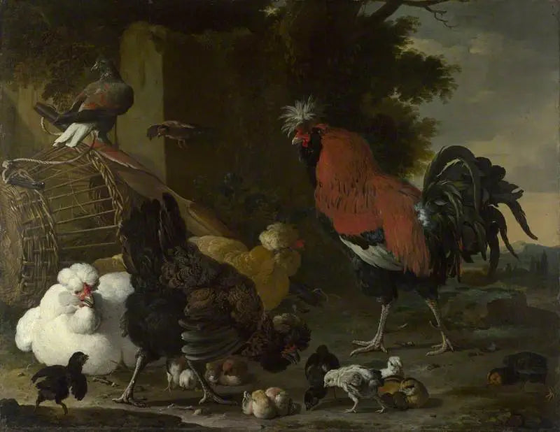 Een haan, kippen en kuikens - Melchior de Hondecoeter