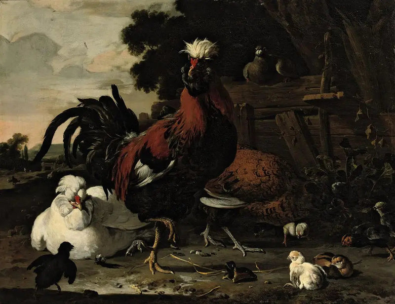 Een haan, kippen, kuikens en een duif bij een houten schutting in een landschap - Melchior de Hondecoeter