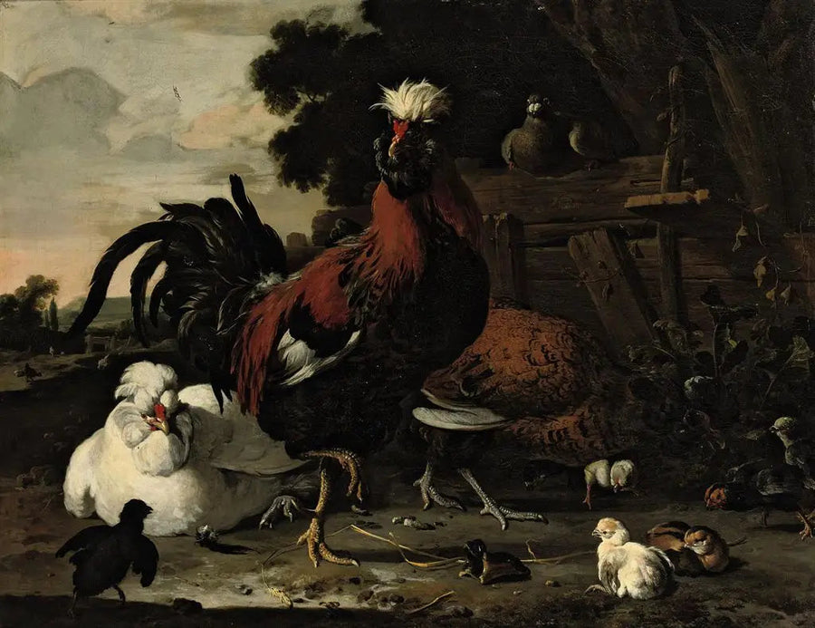 Een haan, kippen, kuikens en een duif bij een houten schutting in een landschap - Melchior de Hondecoeter