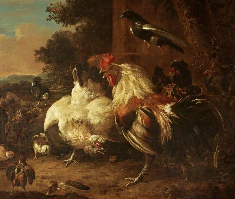 Een haan en twee kippen, met kuikens, in een landschap - Melchior de Hondecoeter