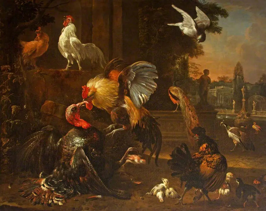 Een haan en een kalkoen vechten in een park, samen met andere gevogelte - Melchior de Hondecoeter