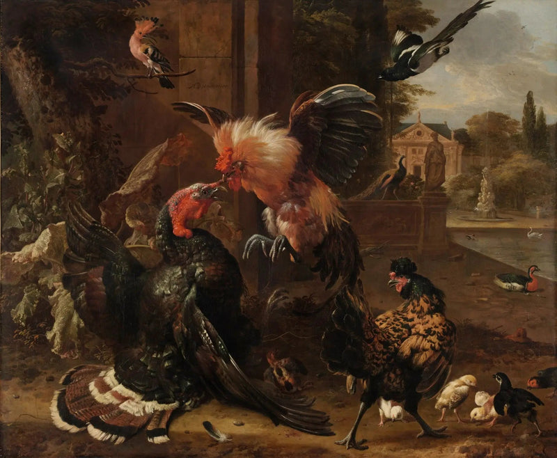 Een haan en een kalkoen vechten - Melchior de Hondecoeter