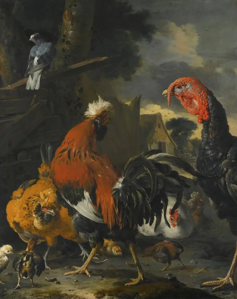Een haan, een kalkoen, kippen en kuikens in een boerderij - Melchior de Hondecoeter