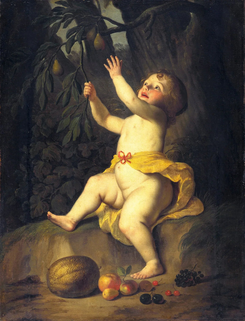 Een kind plukkend fruit - Gerrit van Honthorst
