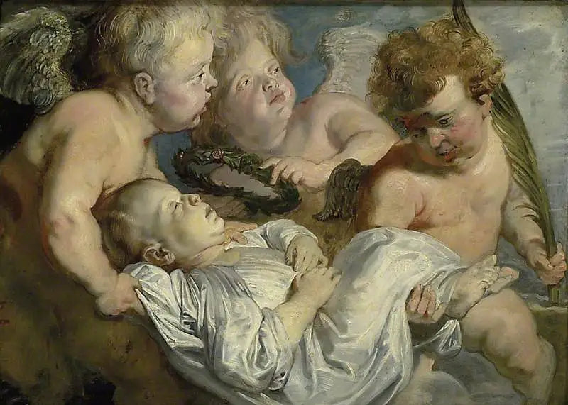 Een gestorven kind gedragen door engelen naar de hemel - Peter Paul Rubens