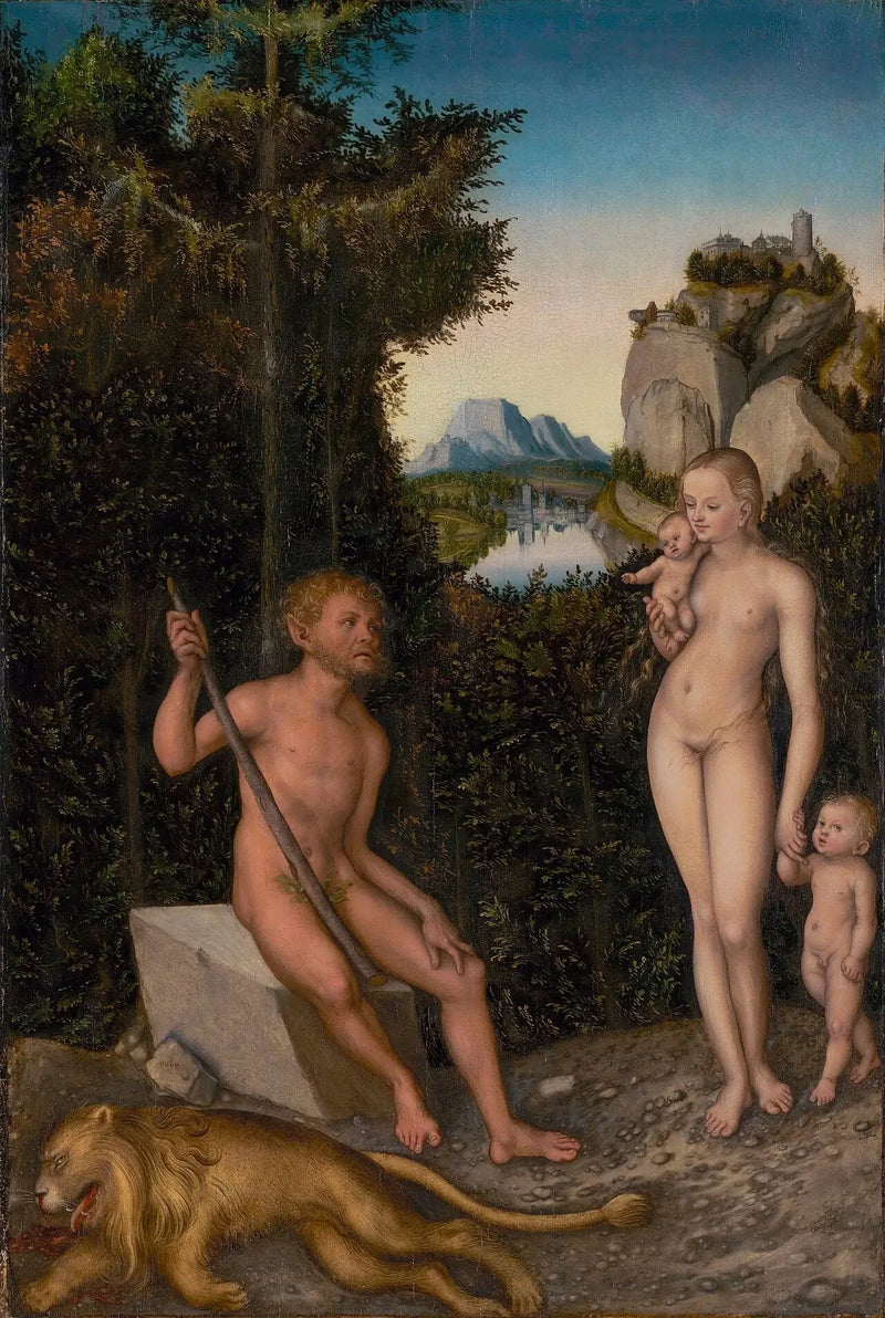 Een faun en zijn familie met een dode leeuw - Lucas Cranach de Oudere