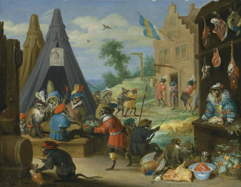 Een festival van apen (apen verkleed als soldaten in een kamp nabij een stad) - David Teniers de Jonge

Source:
Un festival de singes (des singes déguisés en soldats dans un campement près d'une ville) - David Teniers le Jeune