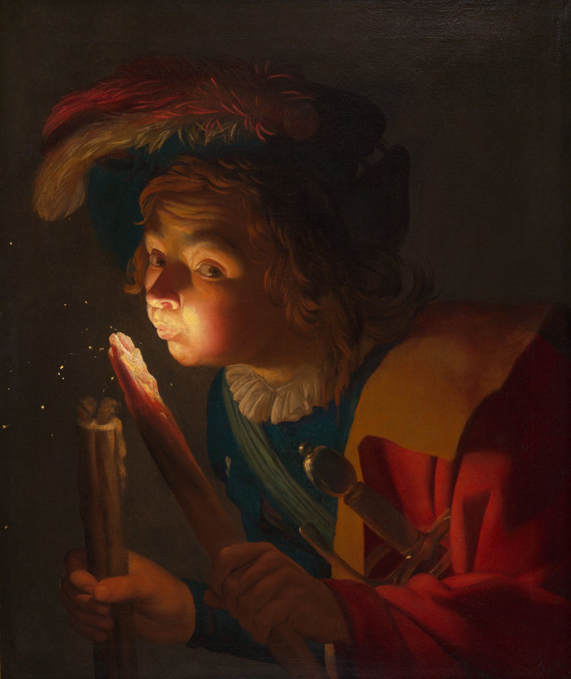Een jongen die op een gloeiende kool blaast - Gerrit van Honthorst