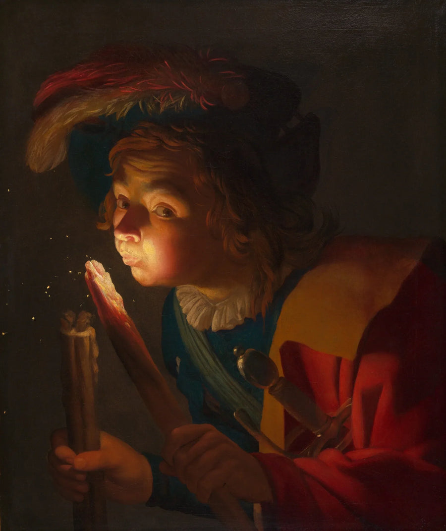 Een jongen die op een gloeiende kool blaast - Gerrit van Honthorst