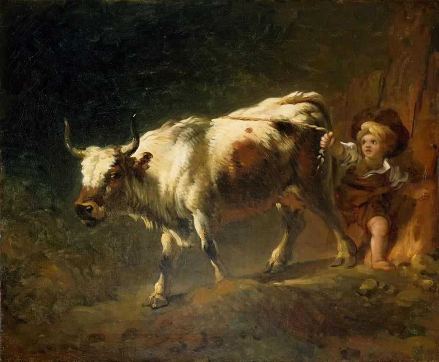 Een jongen probeert een koe vast te houden met een touw - Jean-Honoré Fragonard