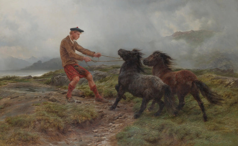 Een ghillie en twee Shetlandpony's in een mistig landschap - Rosa Bonheur
