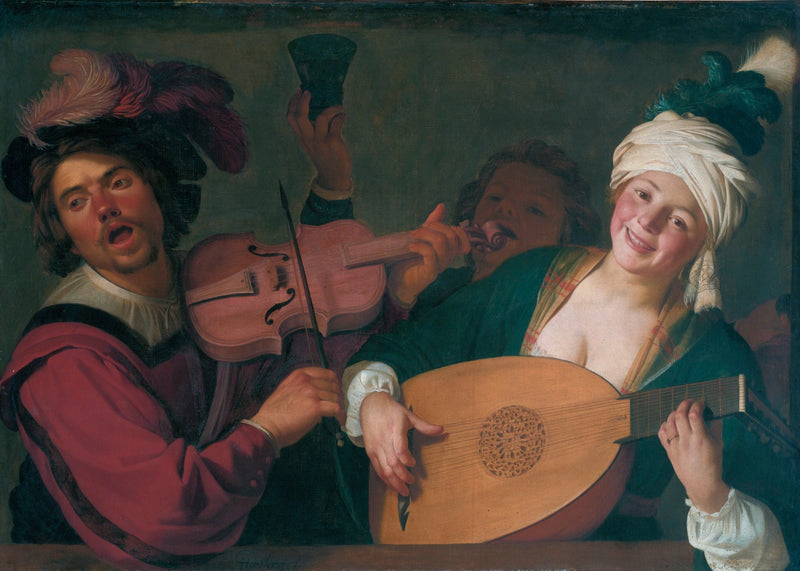 Een vrolijke groep achter een balustrade met een viool en een luitspeler - Gerrit van Honthorst