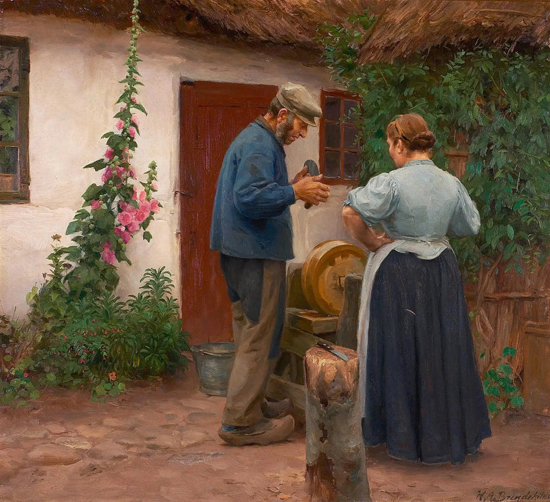 Een man en een vrouw voor een slijpsteen. - H. A. Brendekilde

Source:
Un homme et une femme devant une pierre à aiguiser. - H. A. Brendekilde