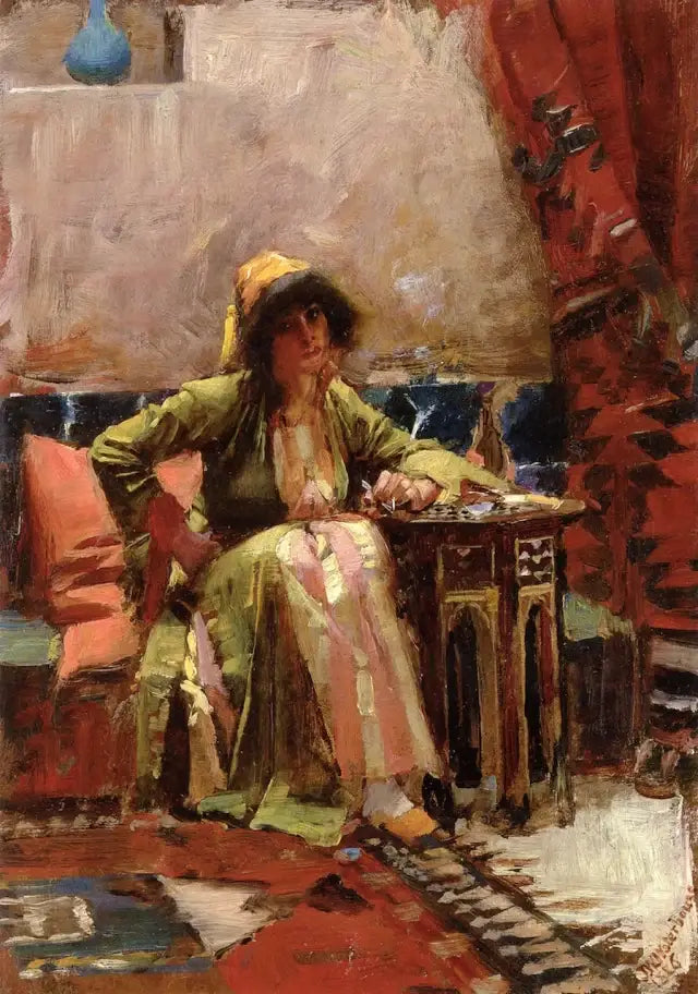Een oosters interieur met een zittend meisje - John William Waterhouse