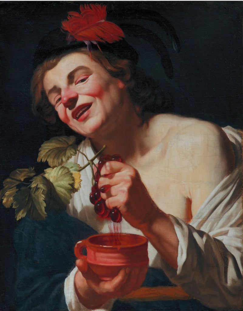 Een jonge man die druiven perst in een kom (een allegorie van smaak?) - Gerrit van Honthorst