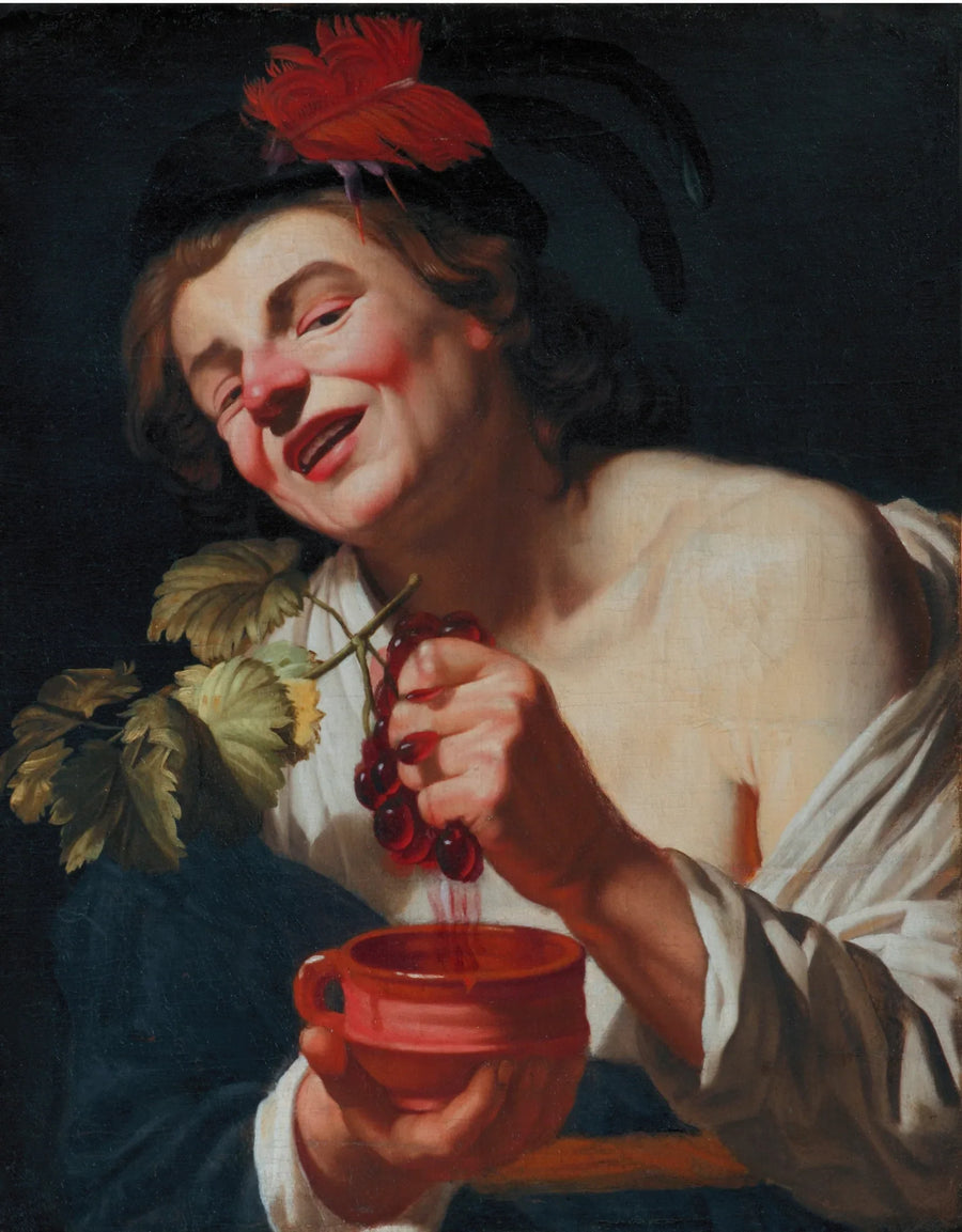 Een jonge man die druiven perst in een kom (een allegorie van smaak?) - Gerrit van Honthorst