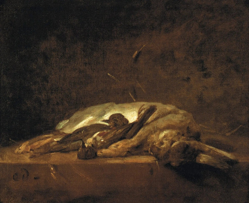 Een konijn, twee dode merels en enkele strootjes op een stenen tafel - Jean Simeón Chardin