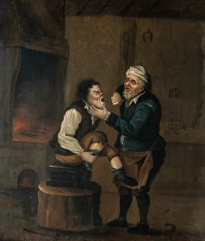 Een hoefsmid haalt een tand uit de mond van een man - David Teniers de Jonge

Source:
Un maréchal-ferrant extrait une dent de la bouche d'un homme - David Teniers le Jeune
