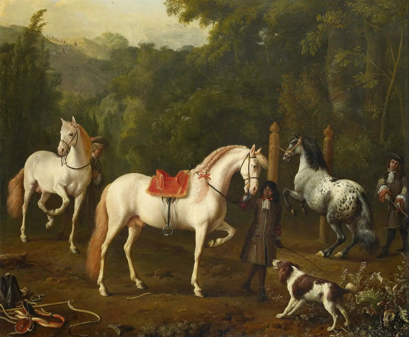 Een staljongen assisteert een ruitermeester in de manege - Melchior de Hondecoeter