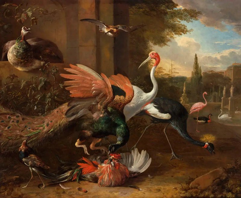 Een pauw die een haan aanvliegt - Melchior de Hondecoeter