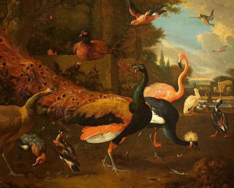 Een pauw en een pauwinnen met een reiger, een roze flamingo, een pelikaan en andere vogels, in een park - Melchior de Hondecoeter