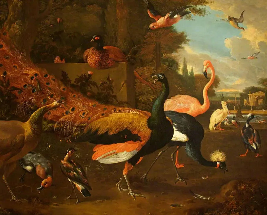 Een pauw en een pauwinnen met een reiger, een roze flamingo, een pelikaan en andere vogels, in een park - Melchior de Hondecoeter
