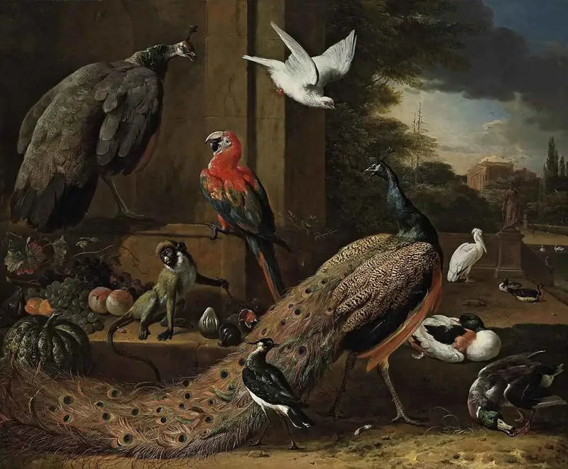 Een pauw, een pauwvrouw, een aap en andere vogels op een terras - Melchior de Hondecoeter