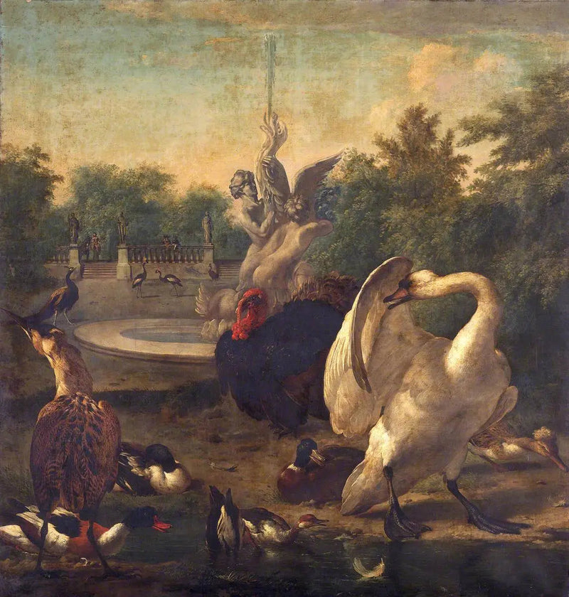 Een park met een zwaan en andere vogels - Melchior de Hondecoeter