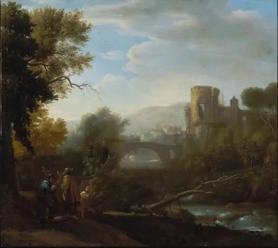 Een landschap met Tivoli en de tempel van Vesta, jagers en een kunstenaar die op de voorgrond tekent - Claude Lorrain