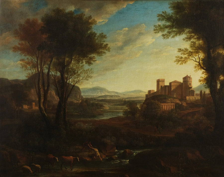 Een klassiek landschap met personages die een beek oversteken - Claude Lorrain