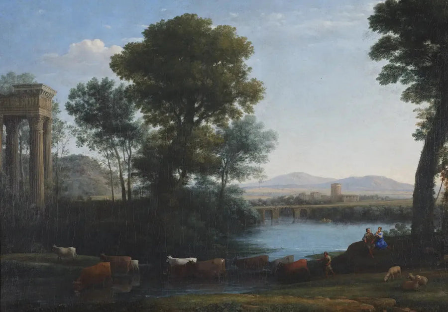 Een klassiek landschap met vee dat een beek overstak - Claude Lorrain