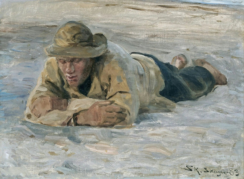 Een visser die uitrust op het zand, de borst tegen de armen - Peder Severin Krøyer