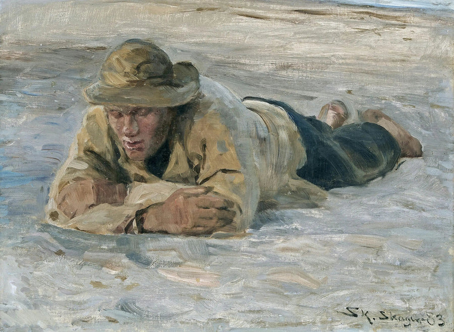 Een visser die uitrust op het zand, de borst tegen de armen - Peder Severin Krøyer