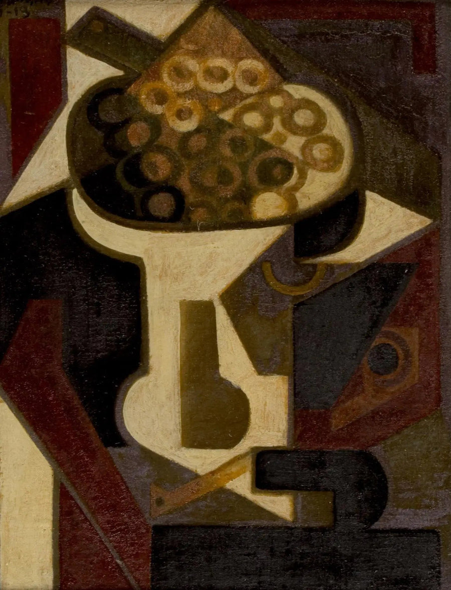 Een bord met druiven en een pijp op een tafel - Juan Gris