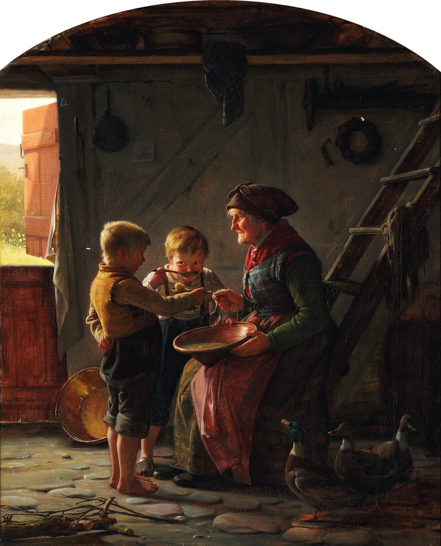 Een maaltijd. Twee jongens en een grootmoeder proeven de aardappelsoep. - Carl Heinrich Bloch