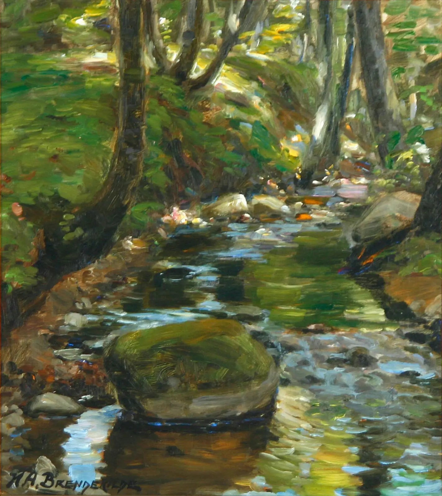 Un ruisseau dans la forêt de Herlufsholm, au Danemark. - H. A. Brendekilde image 1 reproduction d’œuvre d’art à l’huile