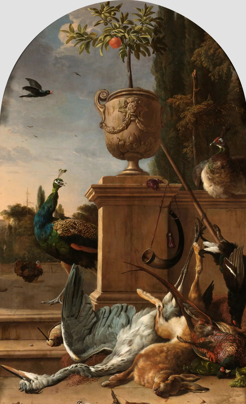 Een jachttas op een terras - Melchior de Hondecoeter