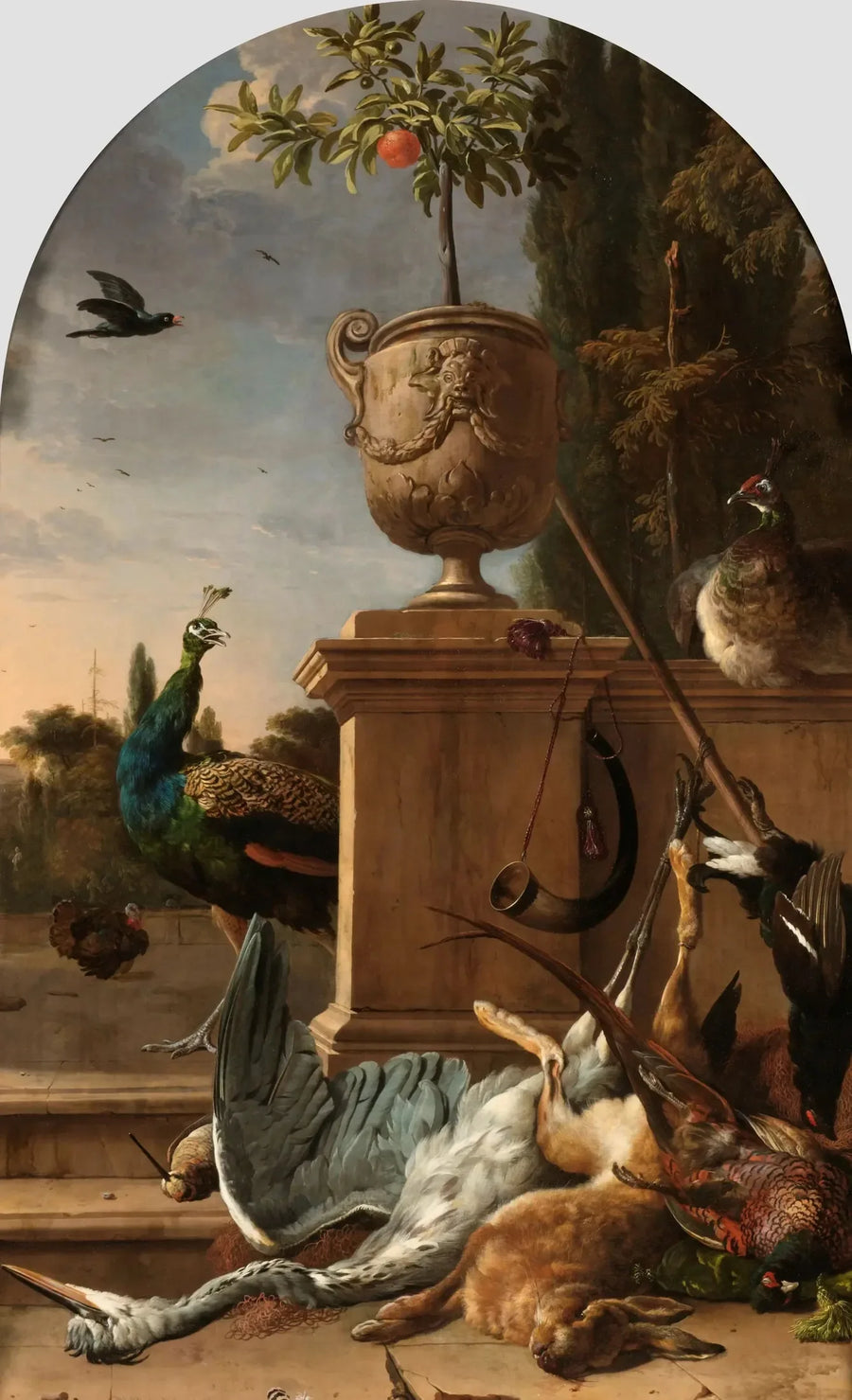 Een jachttas op een terras - Melchior de Hondecoeter
