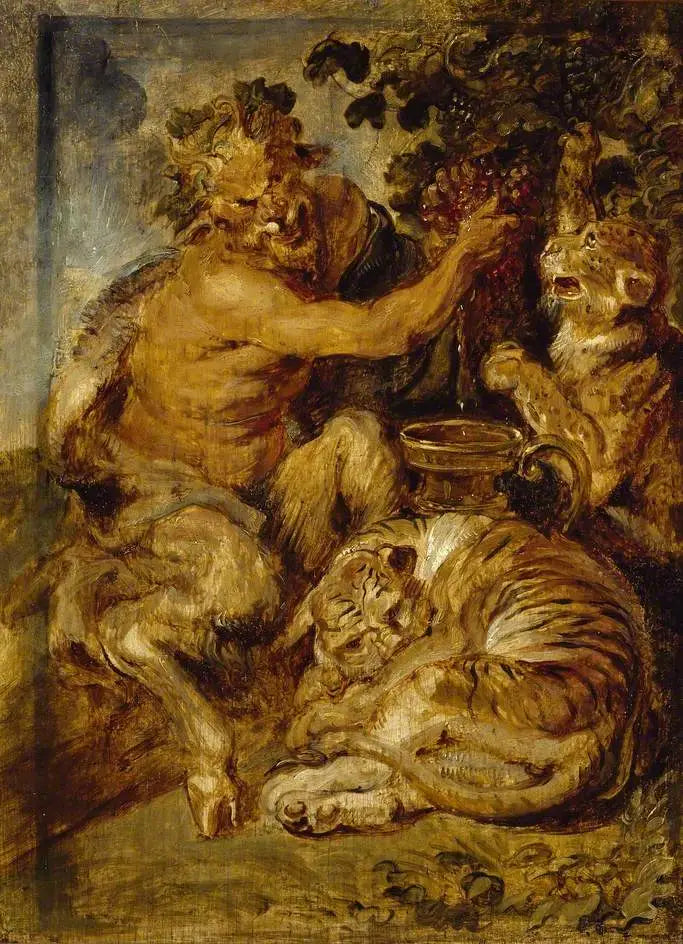 Een drukkende satyr met druiven, een tijger en een luipaard - Peter Paul Rubens