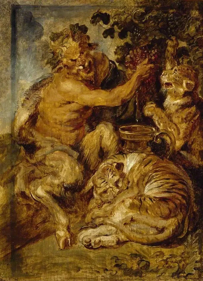 Een drukkende satyr met druiven, een tijger en een luipaard - Peter Paul Rubens