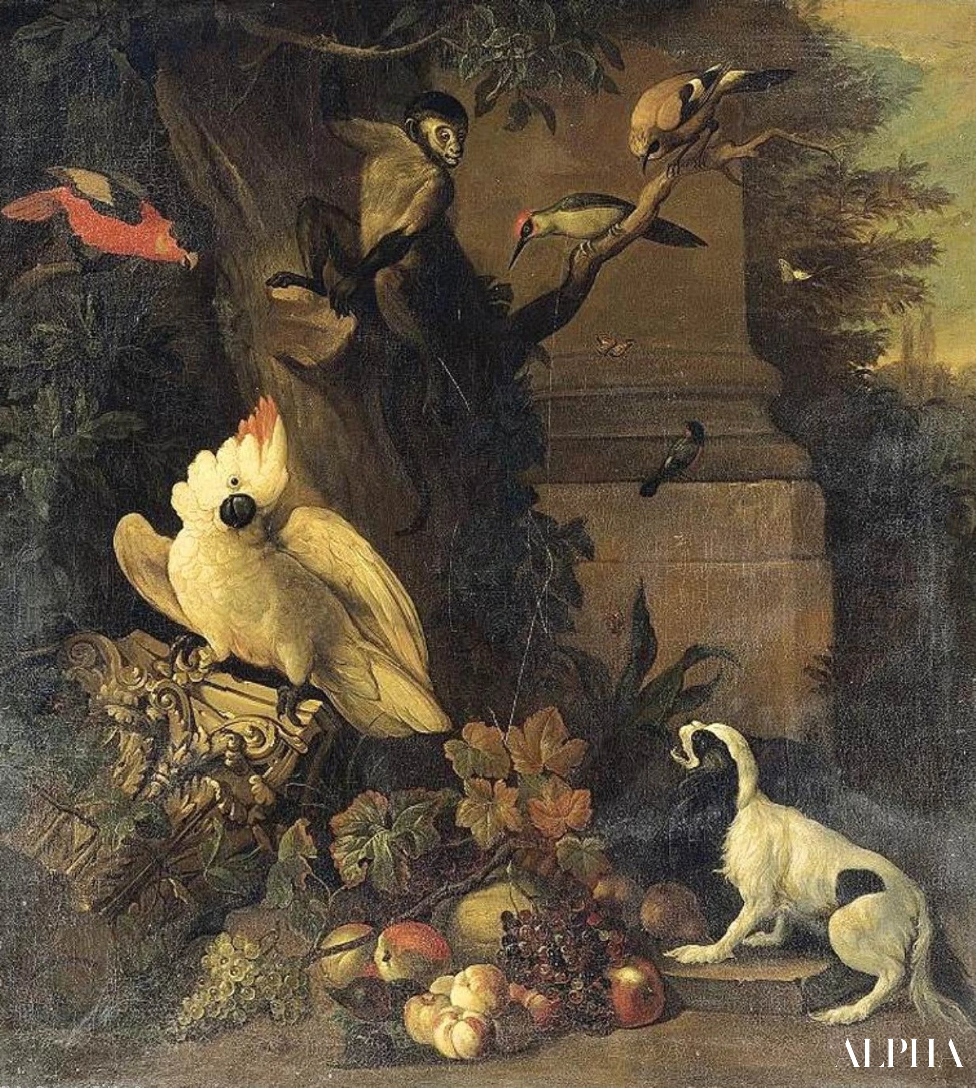 Een aap, een hond en diverse vogels in een landschap - Tobias Stranover - Reproducties van schilderijen en hoogwaardige schilderijen