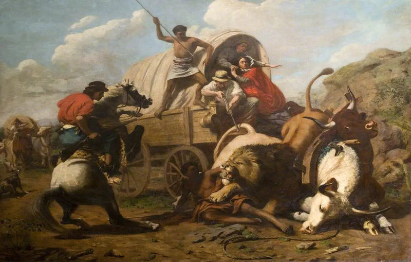 Een trein van ossen aangevallen door een leeuw - Edwin Henry Landseer

Source:
Un train de bœufs attaqué par un lion - Edwin Henry Landseer