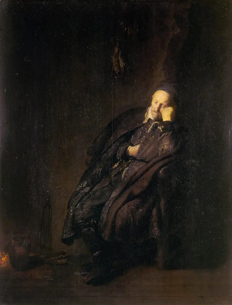 Een oude man slaapt naast - Rembrandt