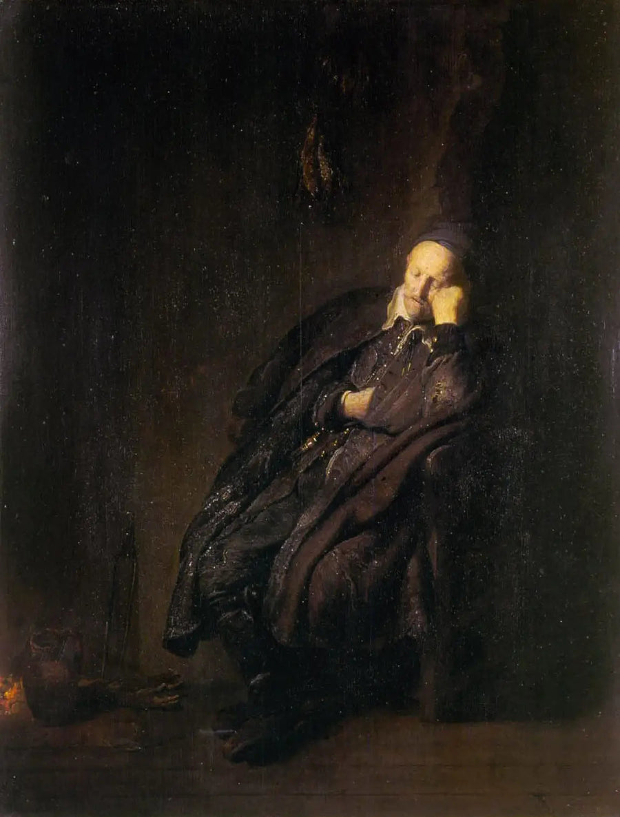 Een oude man slaapt naast - Rembrandt