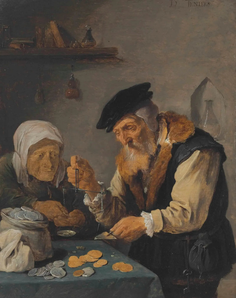Een oude man en een oude vrouw wegen munten - David Teniers de Jonge

Source:
Un vieil homme et une vieille femme pèsent des pièces de monnaie - David Teniers le Jeune