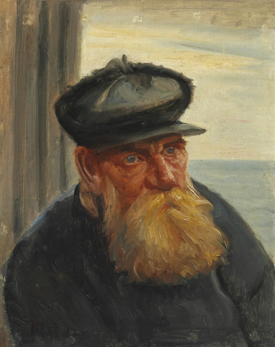 Un vieux pêcheur dans l'embrasure d'une porte, la mer en arrière-plan, Skagen - Michael Peter Ancher