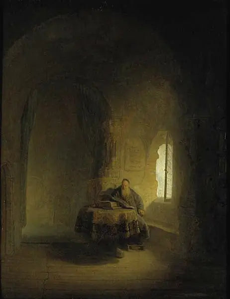 Een oude geleerde bij een raam in een gewelfde kamer - Rembrandt